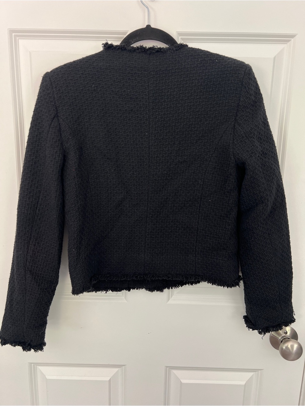 Mango Black Tweed Jacket Gold Crest Button Frayed Trim Cropped Blazer Small - Picture 5 of 7
